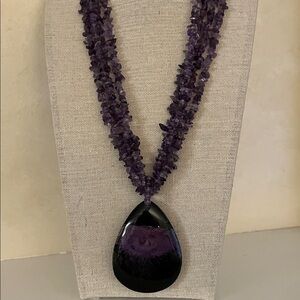 Lee Sands preserved acacia flower necklace with 4 strands of amethyst chips